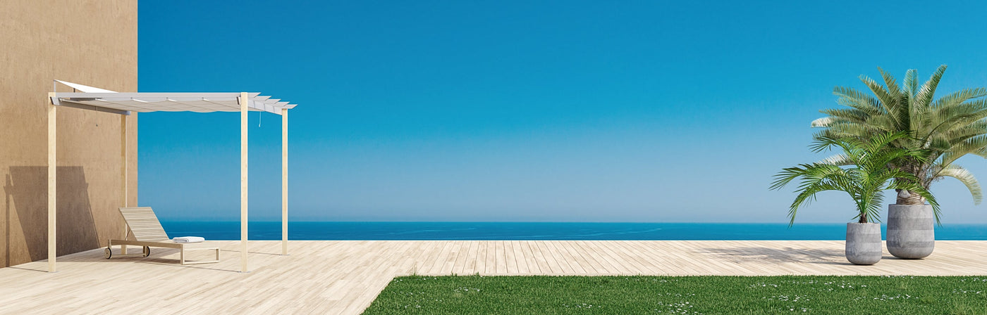 Pergola für den Außenbereich in Holzoptik mit einem variablen Dach